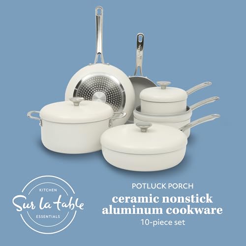 Kitchen Essentials Potluck Porch 10 Piece PFA Free Ceramic Non stick Interior Forged Aluminum Cookware Pots and Pans Set W (10-Piece Cookware Set / Linen White)