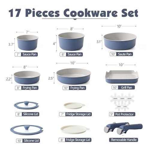 17 Piece Ceramic Detachable Handle Pots and Pans Set Navy (Navy / 17 Piece)