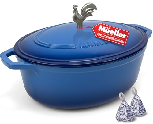 MUELLER HOME 5.5 Quart Enameled Cast Iron Oval Dutch Oven w Rooster Knob & Cotton Potholders (5.5 Quart -Oval / Aqua Blue)