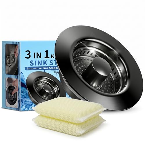 3-in-1 Kitchen Sink Drain Strainer & All-Purpose Sponges, 304 Stainless Steel Sink Stopper Pop-Up Drain Plug with Anti-Clogging Food Catcher Basket, Odor Blocker, Fits US Standard 3-1/2 Inch Sinks (Mattle Black)