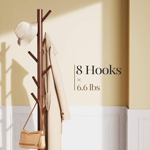 Solid Wooden Coat Rack Freestanding with 8 Hooks (Brown)
