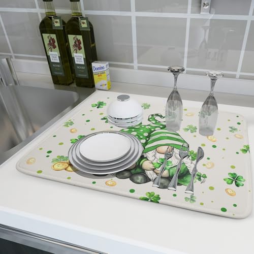 St Patrick's Day Gnome Dish Drying Mat 18x24 inch Lucky Shamrock Absorbent Reversible Dishes Drainer Rack Mat for Coffee Bar Kitchen Decor (Shamrock Gnome / 18" x 18")