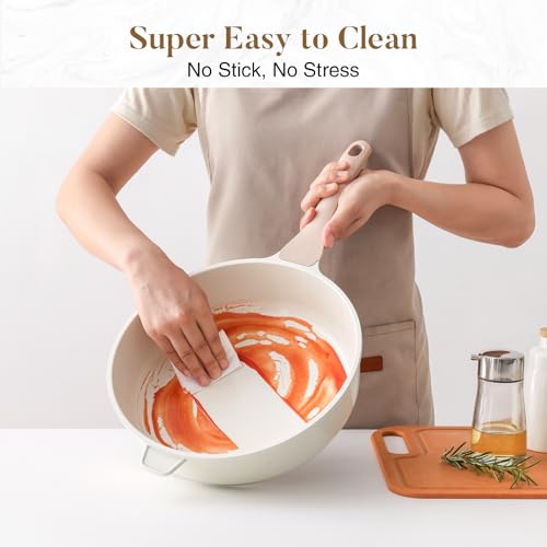 Nonstick Ceramic Deep Frying Pan Skillet with Lid (Cream Ceramic / 11 Inch)