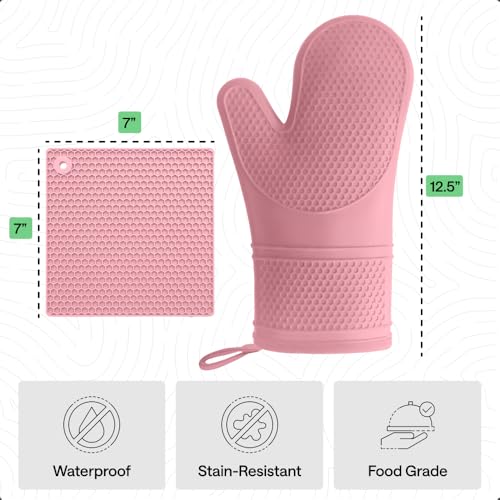 BPA Free Silicone Oven Mitts and Pot Holders Set (Pink / 12.5" Oven Mitts + 7" Trivets)