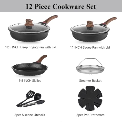 12PCS Nonstick Deep Frying Pan with Lid Cookware Set