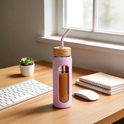 24 oz Glass Water Bottle with Straw and 2 Lids (Light Purple / 24 Ounces)