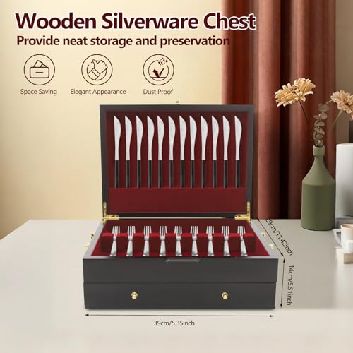Wooden Silverware Storage Box 2 Layers Silverware Chest Case with Drawer with Handle Lid Flatware Organizer for Kitchen Dining Room