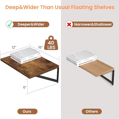 16W x 12D Deep Floating Shelves Set of 2 Rustic Brown (Rustic Brown With Black Metal Bracket / 16wx12dx5.8h)