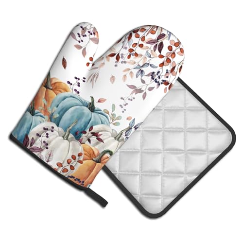 Fall Orange Pumpkin Oven Mitt Potholders Sets Eucalyptus Leaves Heat Resistant Oven Glove Set of 2 Kitchen Hot Pads for Cooking Baking BBQ (Fall Orange Pumpkin)