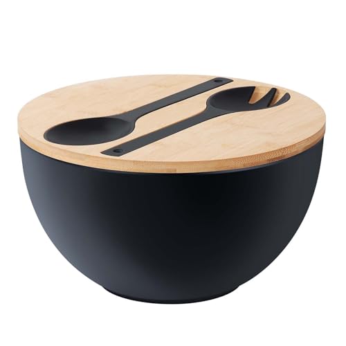 10" Large Salad Serving Bowl with Utensils in Lid (9.84 inch / Matte Black)
