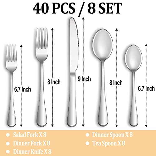40 Piece Silverware Set Service for 8 (Silver)
