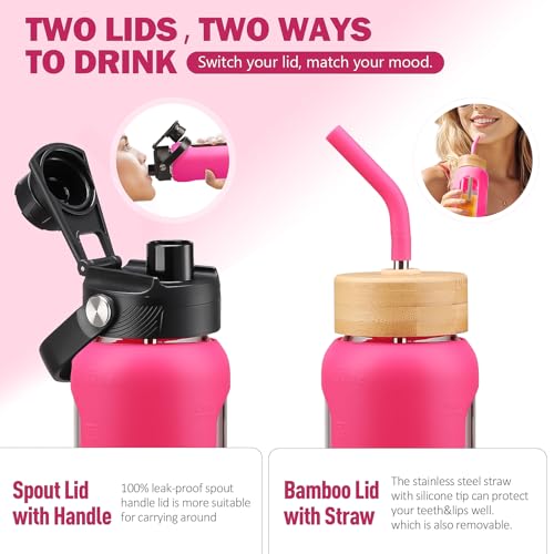 24 oz Glass Water Bottle with Straw and 2 Lids (Rose Red / 24 Ounces)