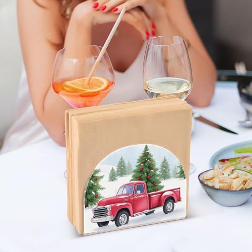 Christmas Red Truck Pine Tree Napkin Holder for Table Paper Napkins Holder Acrylic Tissue Dispenser Kitchen Dining Room Bathroom Party Car Decor (NH014 / 4.1x4.9x1.97in)