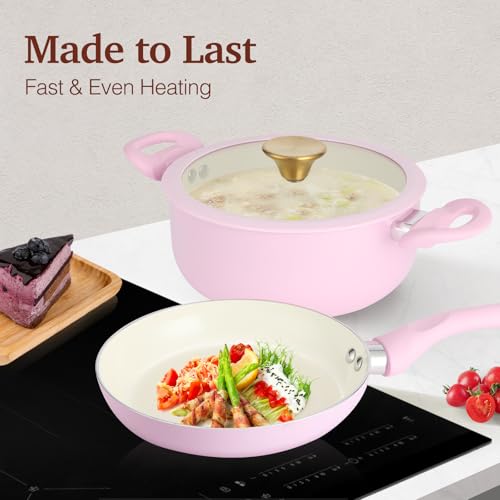 Pots and Pans Set Non Stick (Pink / 11 Piece)