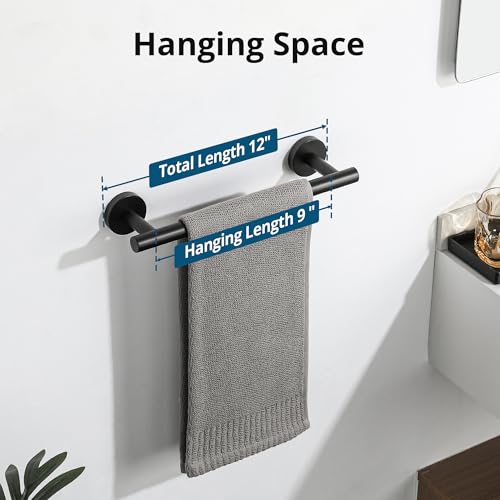 Matte Black Hand Towel Holder for Bathroom Wall (Matte Black / 12" (9" Hanging Length))
