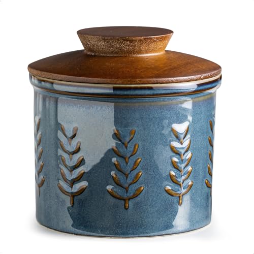 Ceramic Butter Crock with Lid for Countertop (Blue / Leaf-3.94"dia)