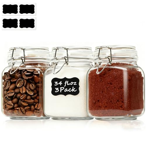Square Glass Pantry Jars with Airtight Lids 34 oz 3 Pack Coffee (34 fl oz x 3)