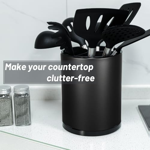 Kitchen Utensil Holder for Countertop 360° Rotating Utensil Caddy Extra Large Utensil Crock Cooking Utensil Holder for Kitchen Counter (Black)