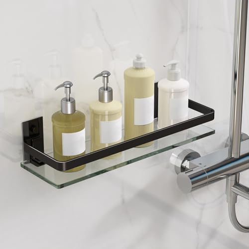 Clear Tempered Glass Wall Shelf (Black / Single Shelf)
