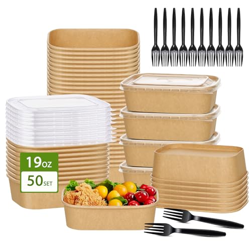 50 Pack 19oz Disposable Kraft Paper Bowls with Lids and Forks (50 Count)