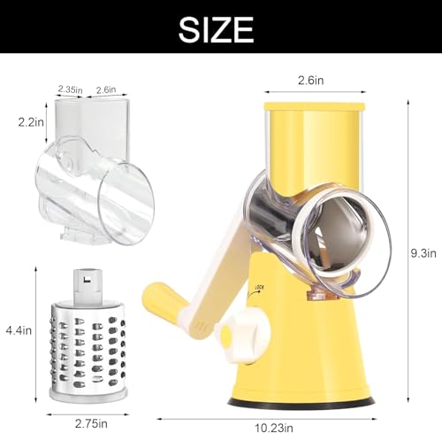 Rotary Cheese Grater Hand Crank Cheese Shredder for Fresh Cheese (3 BLADES / Yellow)