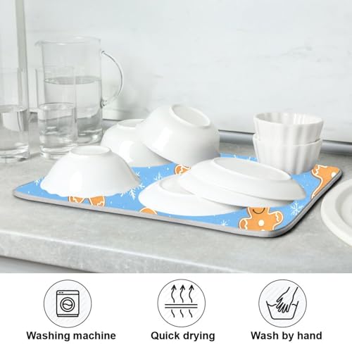 Snowflake Gingerbread Cookie Blue Dish Drying Mat for Kitchen Counter Absorbent Microfiber Drying Pad (16" x 16")