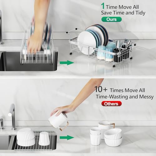 Small Sink Dish Drying Rack with Cup Holder (Silver - With Cup Holder / For 10"-30"W Sinks | 9"W Rack, with Cup Holder)