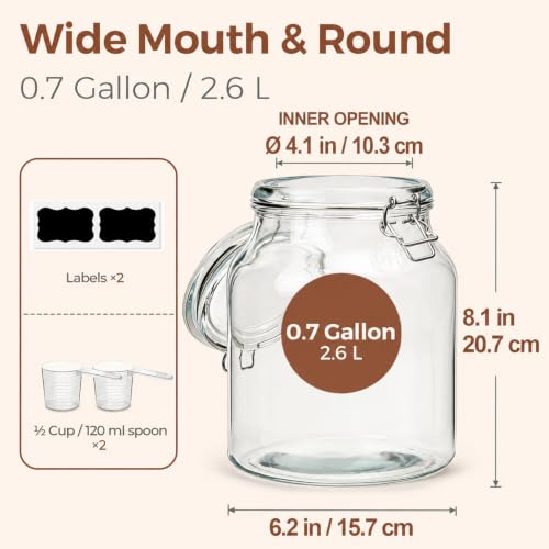 Glass Pantry Jars with Airtight Lids 0.7 Gallon 2 Pack Wide Mouth (88oz*2)