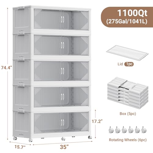 V60 1100QT Plastic Stackable Storage Bins with Lid (White / 220QT-5Pack)