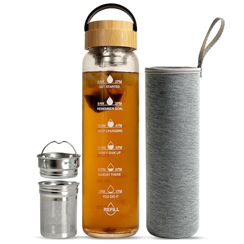 32 oz Motivational Glass Water Bottles with Bamboo Lid Straw and Time Marker (Gray - 2in1 Infuser)