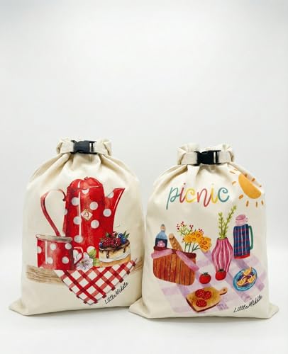 2 XL Beeswax Bread Bags for Homemade Bread (Beige with Picnic)