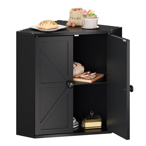 Corner Bread Box for Kitchen Counter Double Layer Bamboo Bread Storage Container Large Capacity Bread Storage Bin Farmhouse Breadbox Organizer (Black)