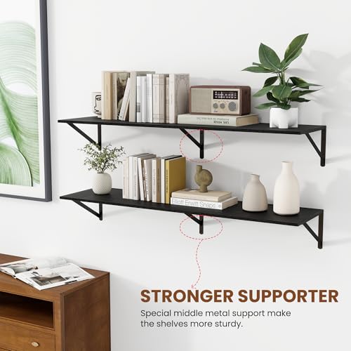 44W x 12D Deep Floating Shelves Set of 2 Black (Black With Black Metal Bracket / 44Wx12Dx5.8H)