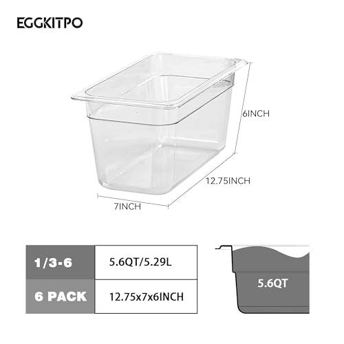 1 3 Size Food Containers 6 Pack 6 Inch Deep Pan Clear BPA free Polycarbonate Stackable Commercial Hotel Pan for Food Serving Freezer Safe (1/3 Size / 6" Deep)