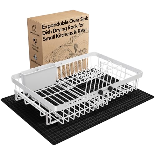 White Expandable Dish Drying Rack Over Sink with Extra Drying Mat (White / For 13"-30" W Sink with Mat)