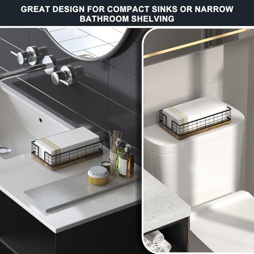 Guest Towel Holder Tray for Bathroom (Black & Vintage Brown / 9.06 x 5.51 x 2.56 inches)