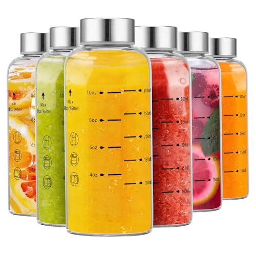 Glass Juice Bottles 6 Pack 12 oz (12 Ounces / 6 Pack Silver Lid)