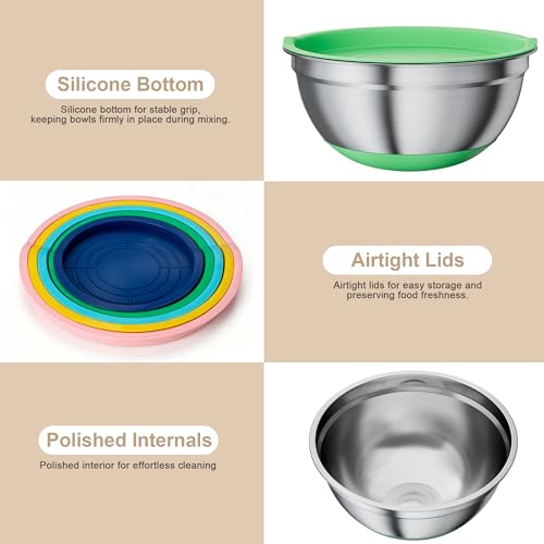 Stainless Steel Mixing Bowls Set with Lids (Colorful)