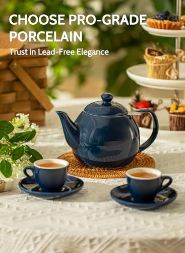Teapot Porcelain Tea Pot with Stainless Steel Infuser (Navy / 27oz (with infuser))