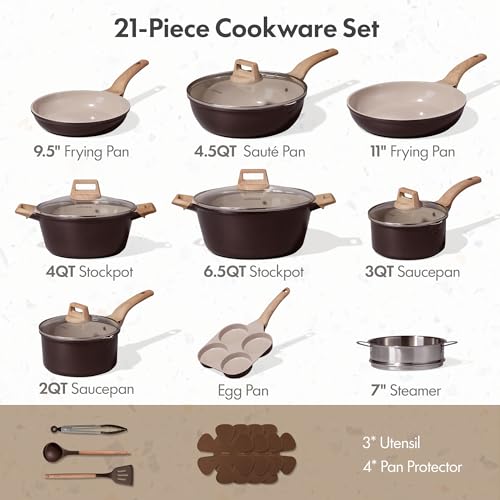 21pcs Ceramic Cookware Sets (Dark Mocha / 21 Piece)
