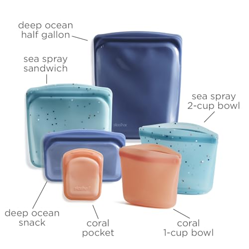 Silicone Reusable Food Storage Bags (Sea Spray+Coral+Deep Ocean / 6-Pack)
