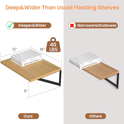 16W x 12D Deep Floating Shelves Set of 2 Oak (Oak With Black Metal Bracket / 16wx12dx5.8h)