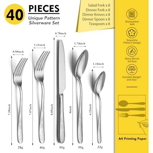 40 Piece Silverware Set (Silver Peony)