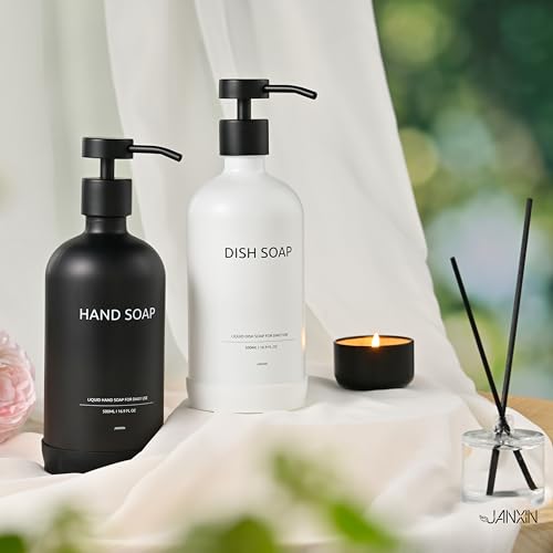 Glass Kitchen Soap Dispenser Set with Ceramic Tray (White Bottles+black Bottles)