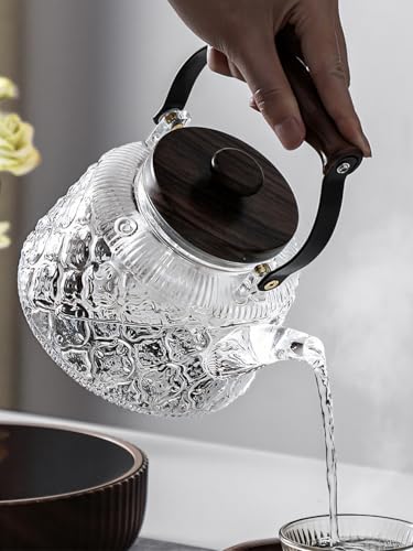 Stovetop Safe Glass Teapot with Malus Spectabilis Pattern Removable Infuser Fine Borosilicate Tea Pot perfect for Fruit Flowering Tea Canister Premium Quality Tea Kettle Gift (Transparent / 1000ml)