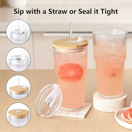 Ribbed 2pack 20oz Glass Cups with Bamboo & Plastic Lids and Straws (Transparent with Stripe / 20oz-2pack)