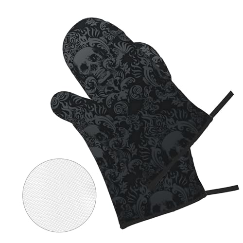 Victorian Gothic Black Skull Damask Oven Mitts and Pot Holders Sets of 4 (One Size / Black Skull)