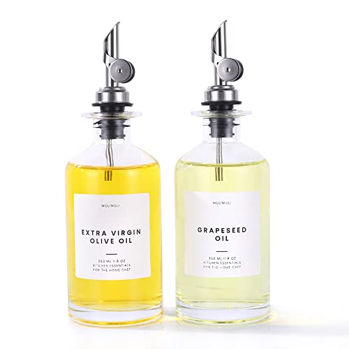 Oil and Vinegar Dispenser with Metal Pour Spout (350ml, Set of 2 Bottles / Silver)