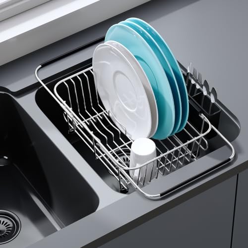 Sink Small Dish Drying Rack with Utensil Holder (Silver / For 10"-12"w Sink)