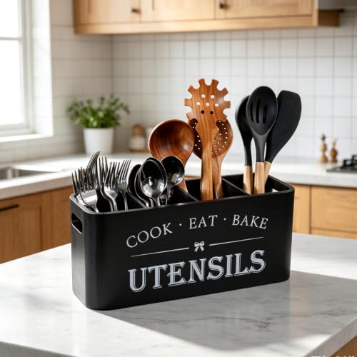 Wooden Kitchen Utensil Holder Organizer for Counter or Countertop (black / 4 Compartment)